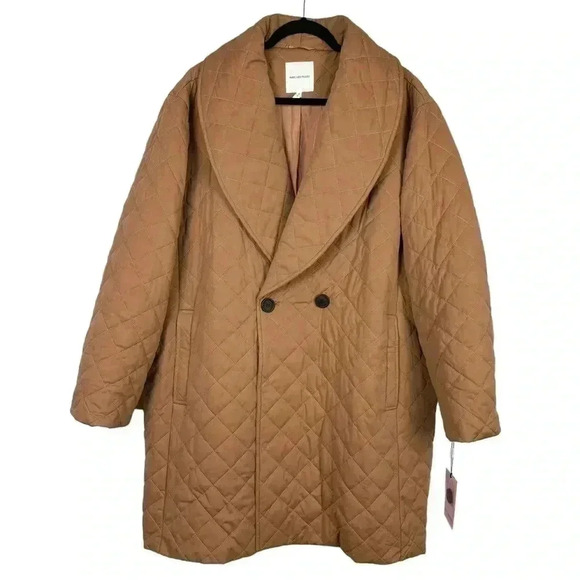 AVEC LES FILLES Tan Brown Quilted Shawl Lapel Double Breasted Coat Plus Size - Picture 1 of 9